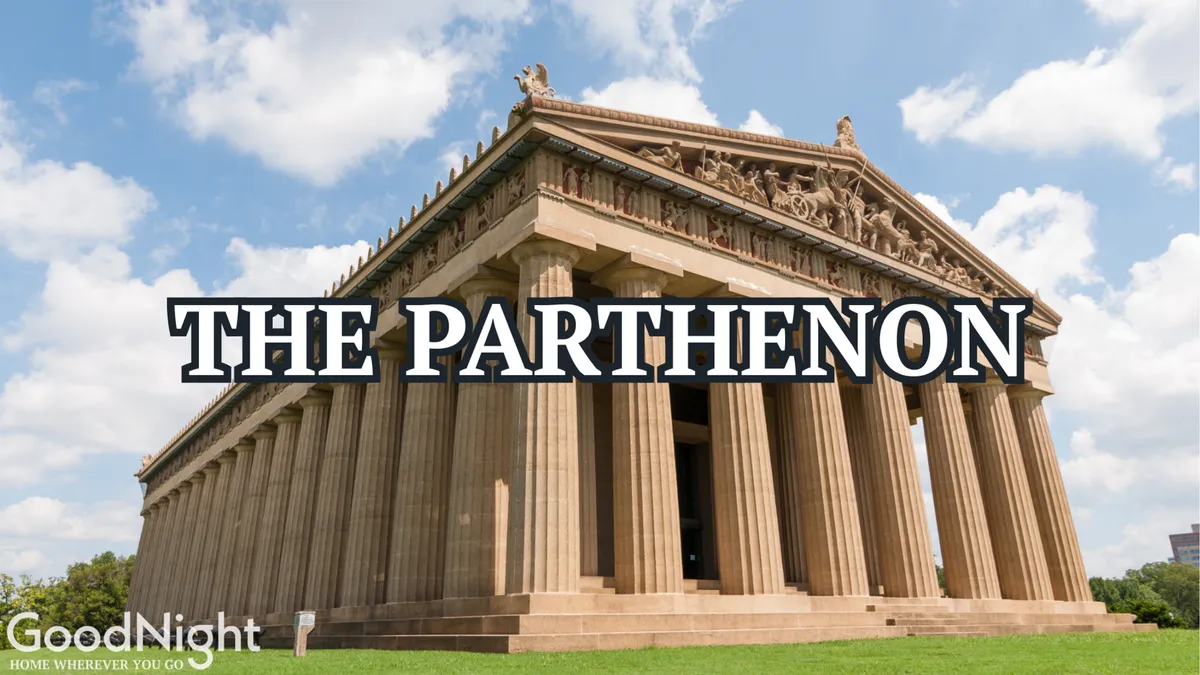 This image presents the iconic Parthenon structure in Nashville, highlighting its grand columns and sculptural details. The clear sky and imposing architecture evoke cultural and historical exploration, ideal for family outings.