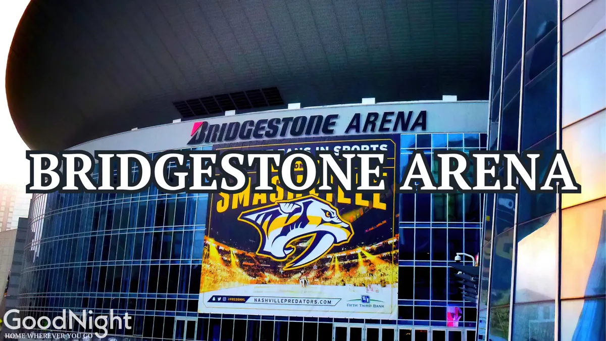 The modern exterior of Bridgestone Arena, with clear signage and a Nashville Predators banner, set against an urban backdrop. The scene captures fans and visitors gathering for events, highlighting the arena's role as a central hub for concerts and shows.